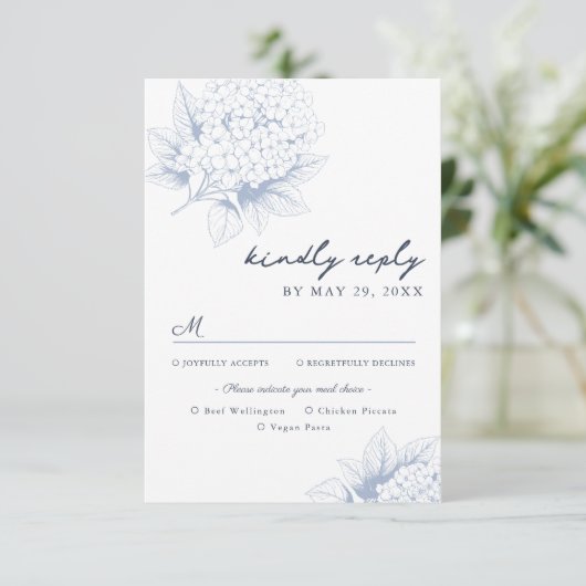 Carte RSVP Dusty Blue Hydrangea Options de repas (Debout devant)