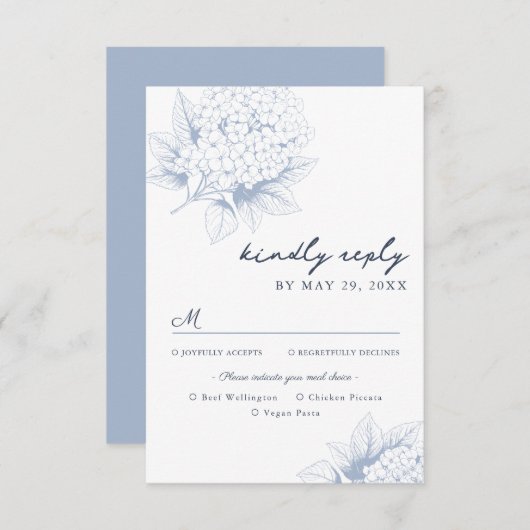 Carte RSVP Dusty Blue Hydrangea Options de repas (Devant / Derrière)