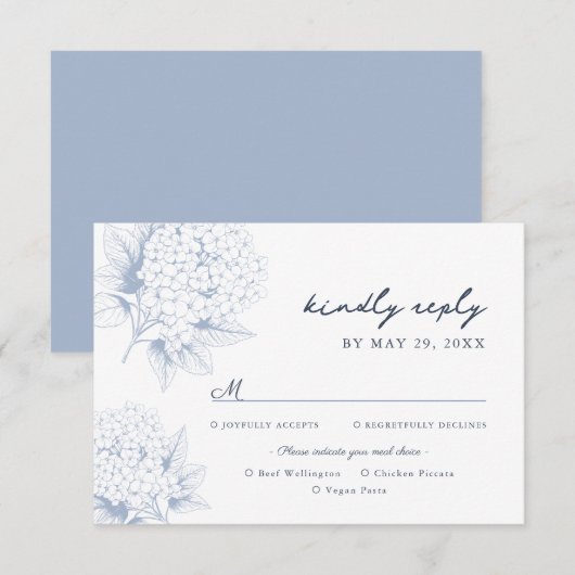 Carte RSVP Dusty Blue Hydrangea Options de repas (Devant / Derrière)