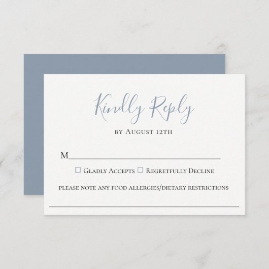 Carte RSVP Dusty Blue Mariage Food Allergy (Devant / Derrière)
