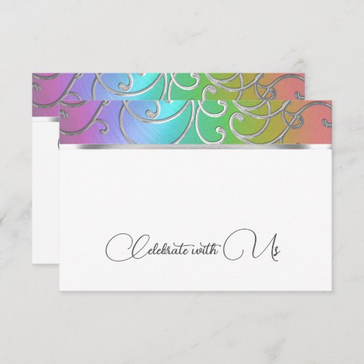 Carte RSVP Elegant Arc-en-ciel et Filigree argenté (Devant / Derrière)