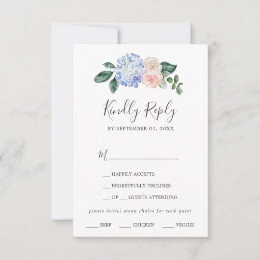 Carte RSVP Elegant Blue Hydrangea Menu Choice (Devant)