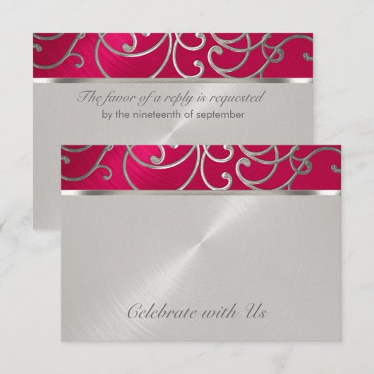 Carte RSVP élégant Magenta Rose Silver Filigree (Devant / Derrière)