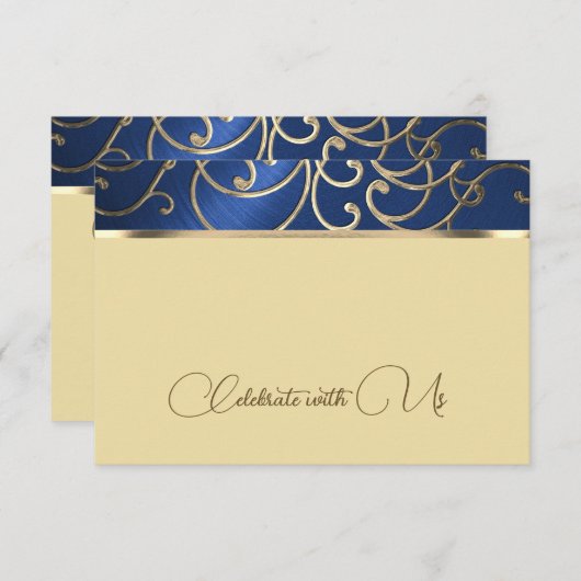 Carte RSVP Elegant Marine Blue and Gold Filigree (Devant / Derrière)