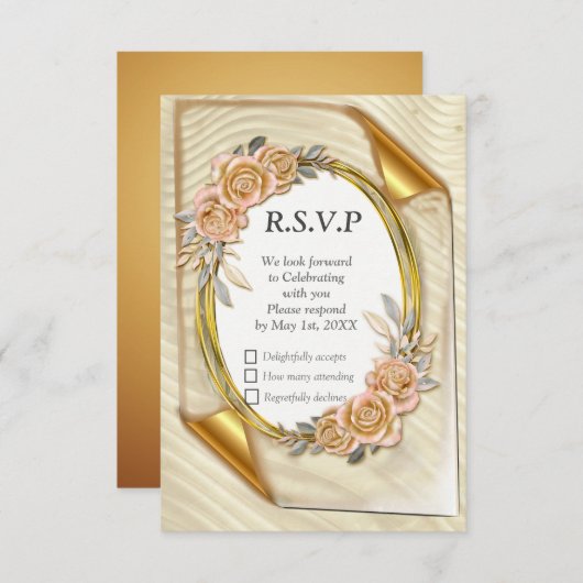 Carte RSVP Elegant Ripple Cream & Gold (Devant / Derrière)