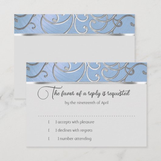Carte RSVP élégant Sky Blue et Gold Filigree (Devant / Derrière)