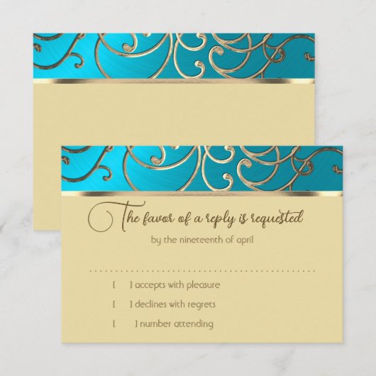 Carte RSVP Elegant Turquoise Blue Gold Filigree (Devant / Derrière)