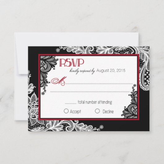 Carte RSVP élégante en dentelle noire et blanche (Devant)