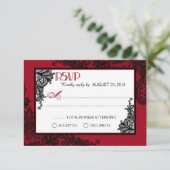 Carte RSVP élégante en dentelle rouge blanche et n (Debout devant)
