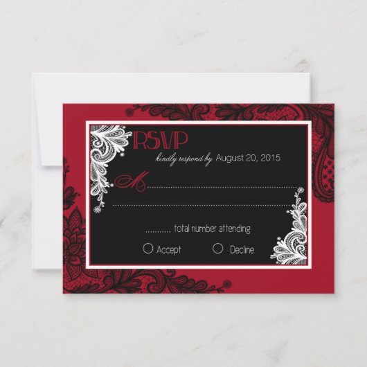Carte RSVP élégante en dentelle rouge blanche et n (Devant)