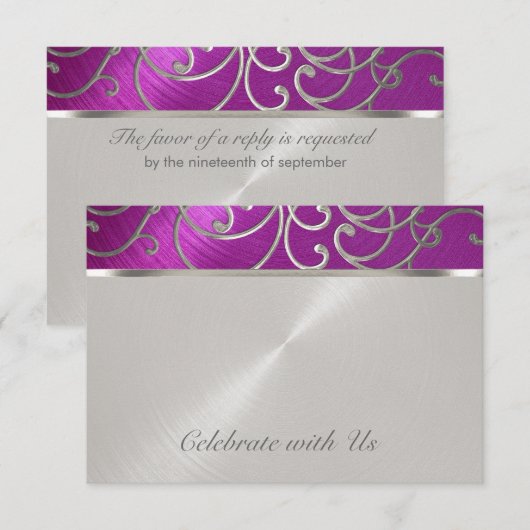 Carte RSVP Elégante Filigree en argent rose frambo (Devant / Derrière)