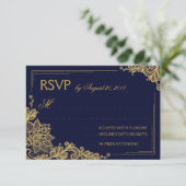 Carte RSVP Elégante pour dentelle marine et or (Debout devant)