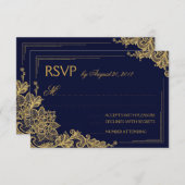 Carte RSVP Elégante pour dentelle marine et or (Devant / Derrière)