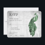 Carte RSVP Emerald Green Peacock Wedding<br><div class="desc">Envoyez à vos invités une carte RSVP simple et élégante Emerald Green Peacock Wedding avec votre invitation. Le design de la carte de réponse est caractérisé par un paon élégant contre un feuillage délicat et un arrière - plan grunge. Personnalisez avec la date de réponse et les choix de menu....</div>