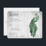 Carte RSVP Emerald Green Peacock Wedding<br><div class="desc">Envoyez à vos invités une carte RSVP simple et élégante Emerald Green Peacock Wedding avec votre invitation. Le design de la carte de réponse est caractérisé par un paon élégant contre un feuillage délicat et un arrière - plan grunge. Personnalisez avec la date de réponse et les choix de menu....</div>