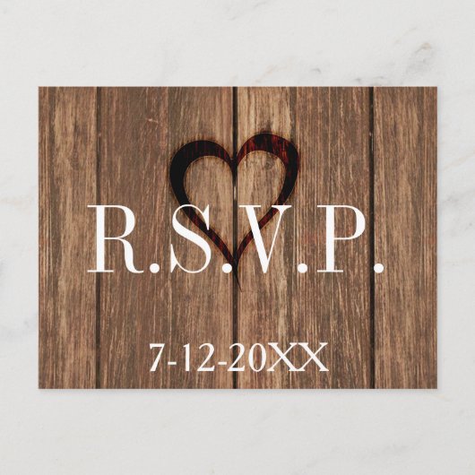Carte RSVP en bois rustique et en coeur gravé (Devant)