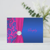 Carte RSVP en damas cobalt et fuchsia (Debout devant)