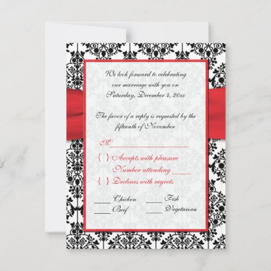 Carte RSVP en Damas noir avec Poppy Rouge (Dos)