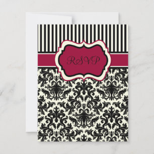 Carte RSVP en damas noir, ivoire et rayures rouges