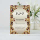 Carte RSVP en grès rouge Fleurs dorées (Debout devant)