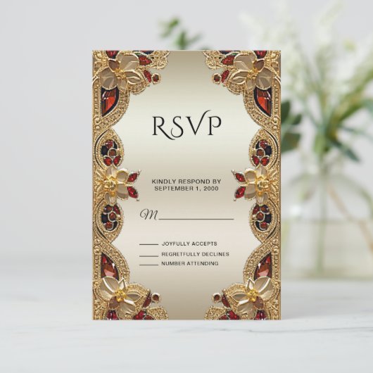 Carte RSVP en grès rouge Fleurs dorées (Debout devant)