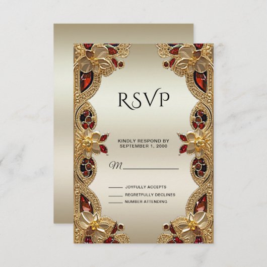 Carte RSVP en grès rouge Fleurs dorées (Devant / Derrière)