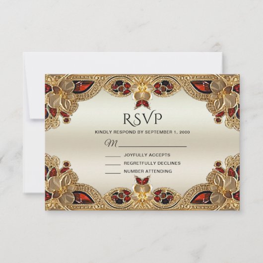 Carte RSVP en grès rouge Fleurs dorées (Devant)