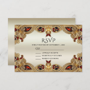 Carte RSVP en grès rouge Fleurs dorées