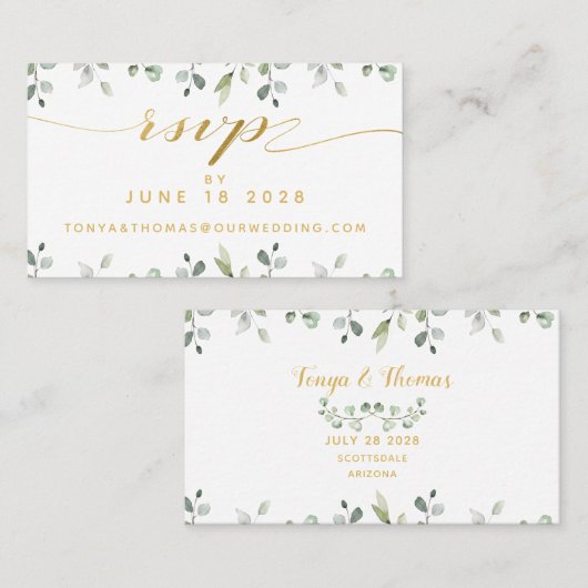 Carte RSVP en ligne Mariage d'écriture verte et or (Devant / Derrière)