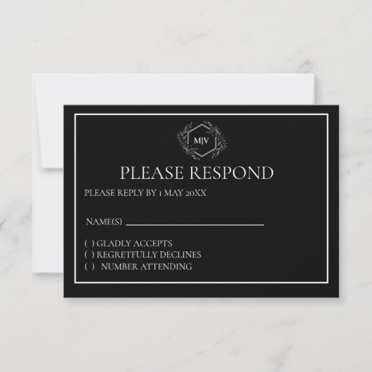 Carte RSVP en Monogramme noir et blanc (Devant)