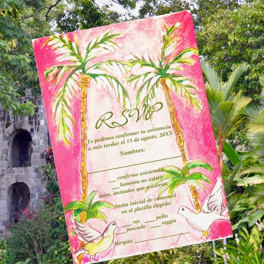 Carte RSVP Espagnol, Aquarelle Tropicale Rose