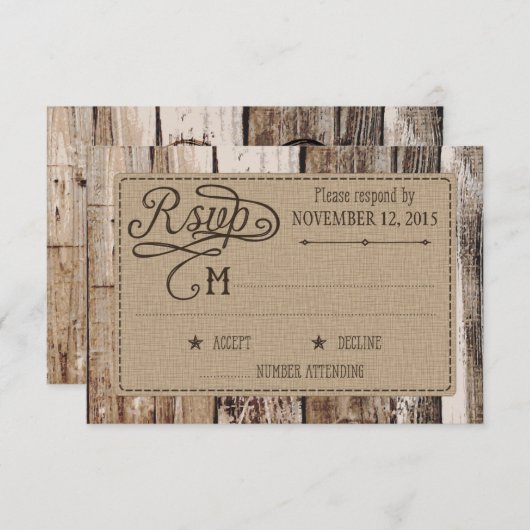 Carte RSVP Etching en bois rustique et coeur (Devant / Derrière)