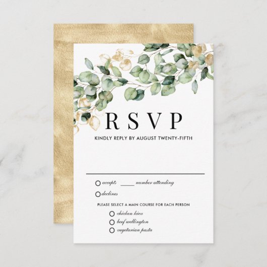 Carte RSVP Eucalyptus Gold Wedding, Options de rep (Devant / Derrière)