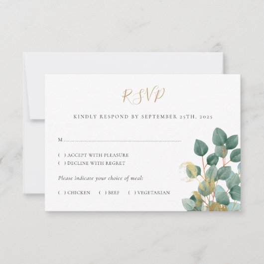 Carte RSVP Eucalyptus Watercolor Gold Wedding (Devant)