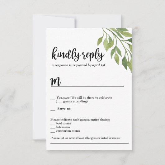 Carte RSVP faire-part de mariage verte botanique (Devant)