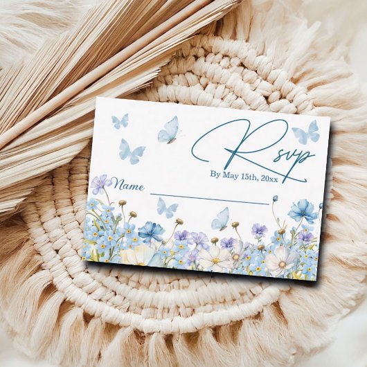 Carte RSVP Fête des mariées Fleur sauvage bleue