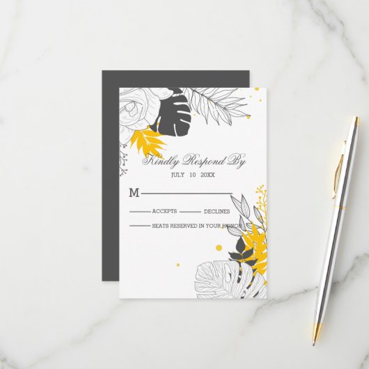 Carte RSVP Feuille Tropicale Jaune Et Blanc (Devant/Arrière en situation)