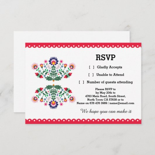 Carte RSVP Fiesta Imprimé Mexicain Rouge Mariage F (Devant / Derrière)