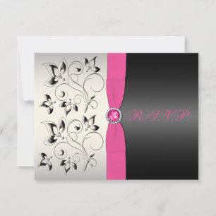 Carte RSVP Fleur d'argent noir rose RIBBON IMPRIMÉ