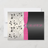 Carte RSVP Fleur d'argent noir rose RIBBON IMPRIMÉ (Devant)