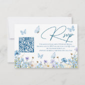 Carte RSVP Fleur sauvage Fête des mariées bleue QR (Devant)