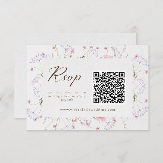 Carte RSVP Fleur sauvage QR Code Elegant Crème (Devant / Derrière)