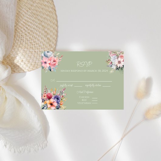 Carte RSVP Fleur sauvage Vert Sage