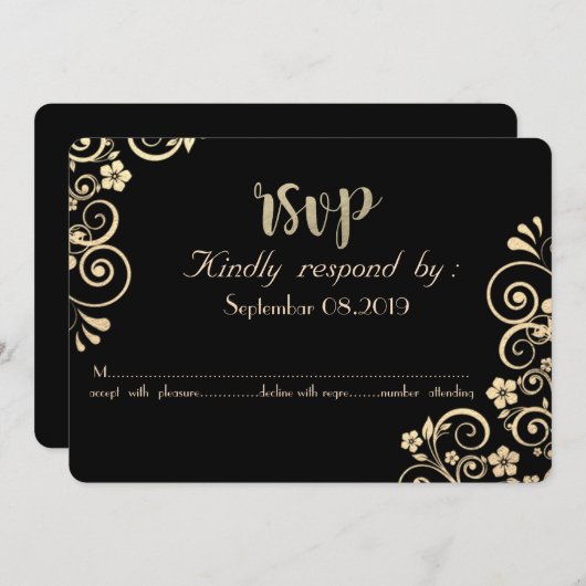 Carte RSVP Fleurs d'Or Élégantes Chic (Devant / Derrière)