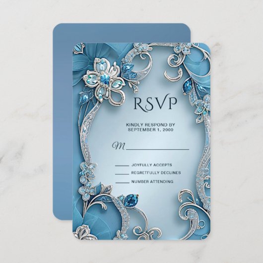 Carte RSVP Floral Orné Bleu (Devant / Derrière)