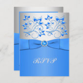 Carte RSVP florale bleu et argent (Devant / Derrière)