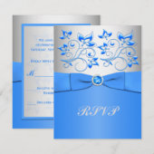 Carte RSVP florale bleue et argent (Devant / Derrière)