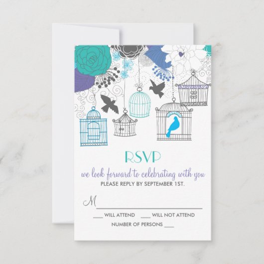 Carte RSVP florale de printemps avec cages à oisea (Devant)