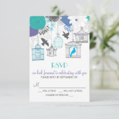 Carte RSVP florale de printemps avec cages à oisea (Debout devant)