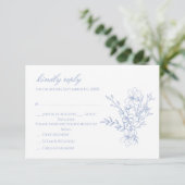 Carte RSVP florale en crête monogramme bleu poussi (Debout devant)